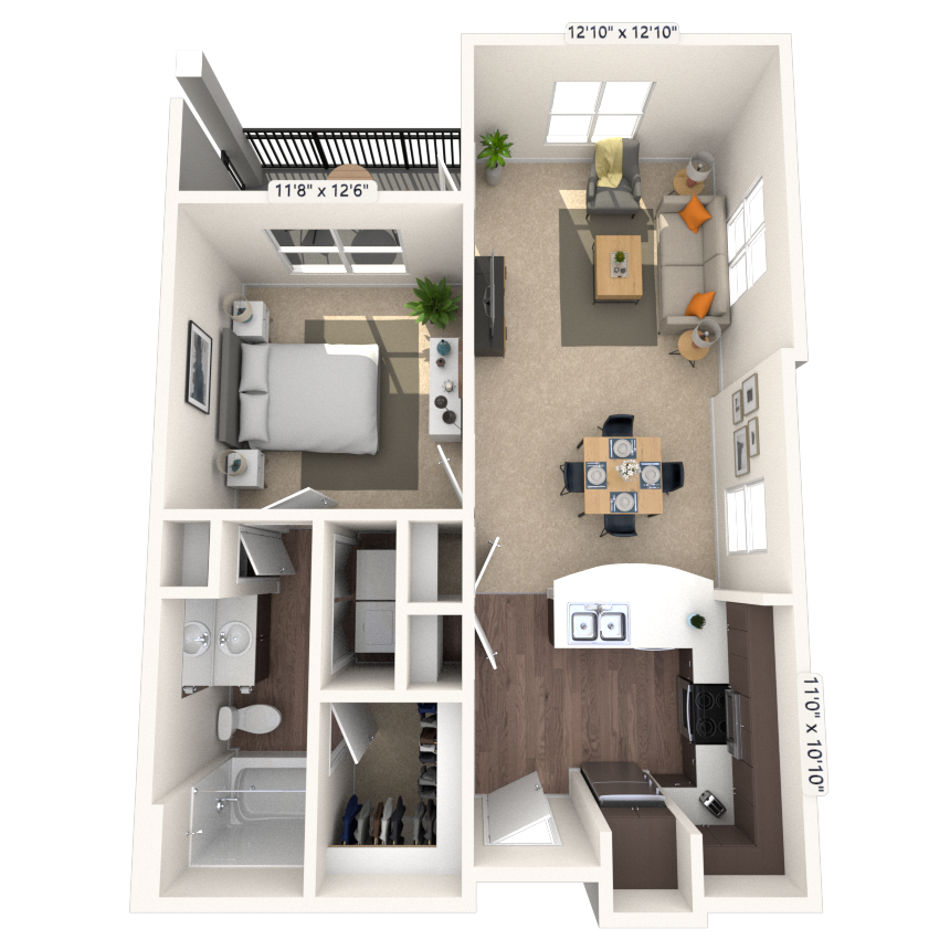 Floor plan for 1 bed, 1 bath, 770 sqft